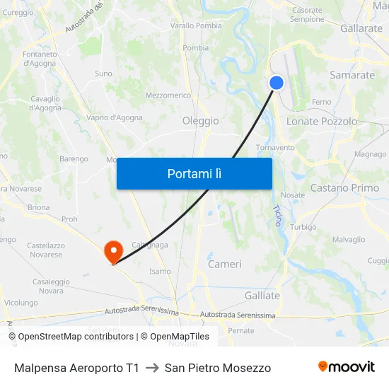 Malpensa Aeroporto T1 to San Pietro Mosezzo map