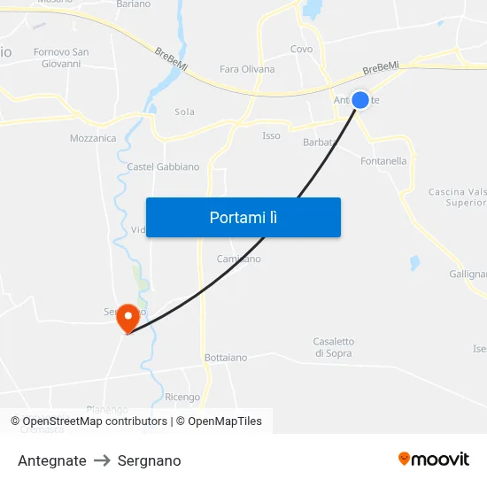Antegnate to Sergnano map