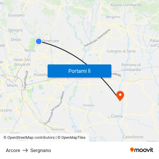Arcore to Sergnano map