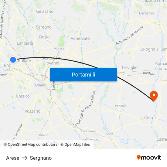 Arese to Sergnano map