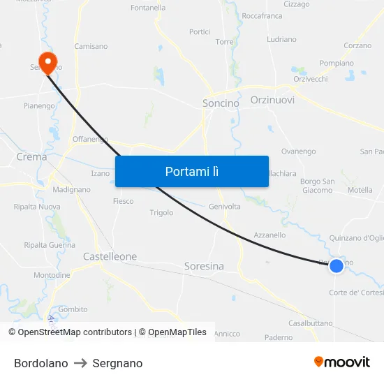 Bordolano to Sergnano map