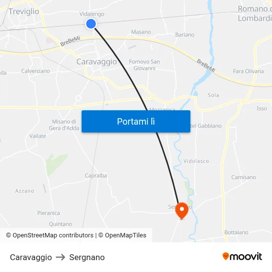 Caravaggio to Sergnano map