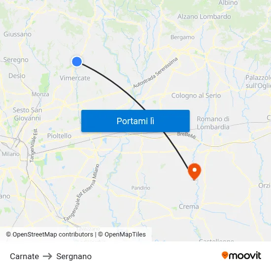 Carnate to Sergnano map