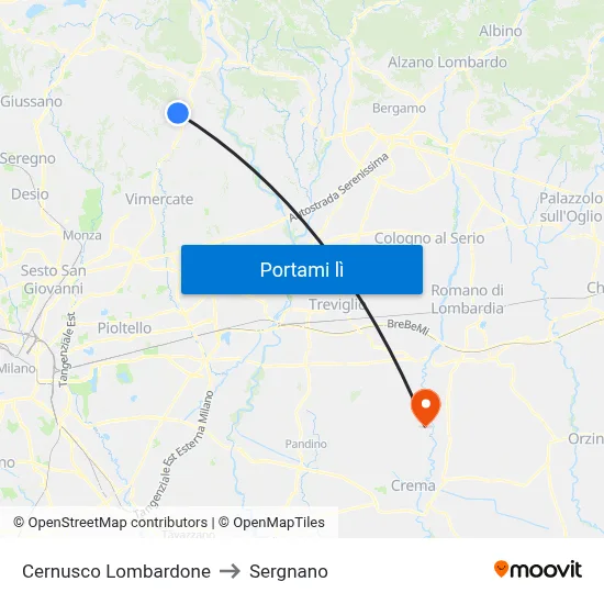 Cernusco Lombardone to Sergnano map