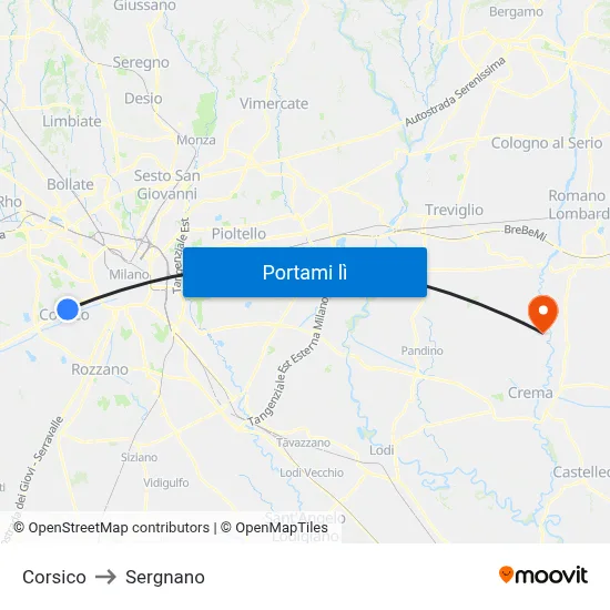 Corsico to Sergnano map