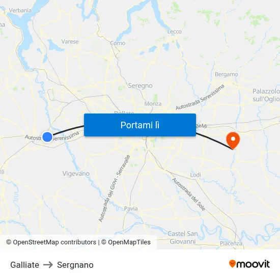 Galliate to Sergnano map