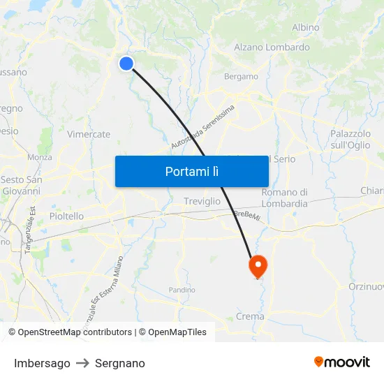 Imbersago to Sergnano map