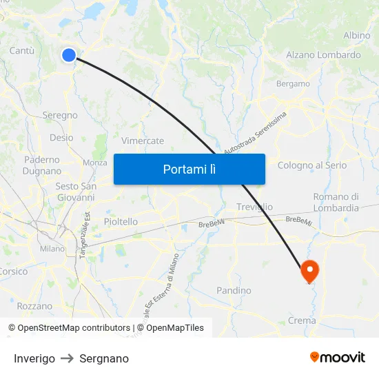 Inverigo to Sergnano map