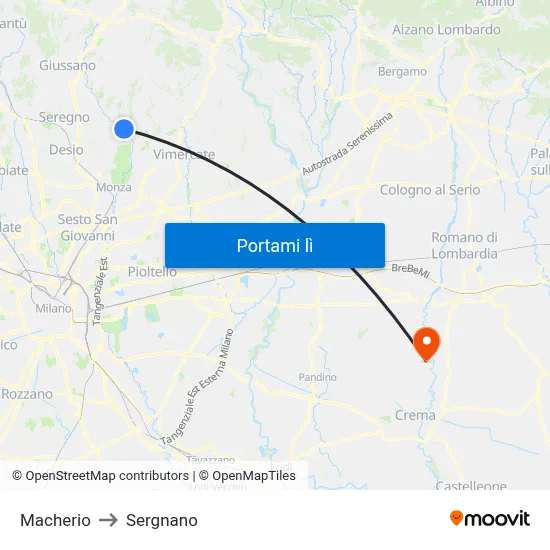 Macherio to Sergnano map