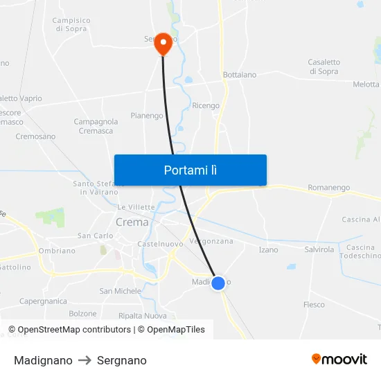 Madignano to Sergnano map