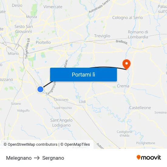 Melegnano to Sergnano map