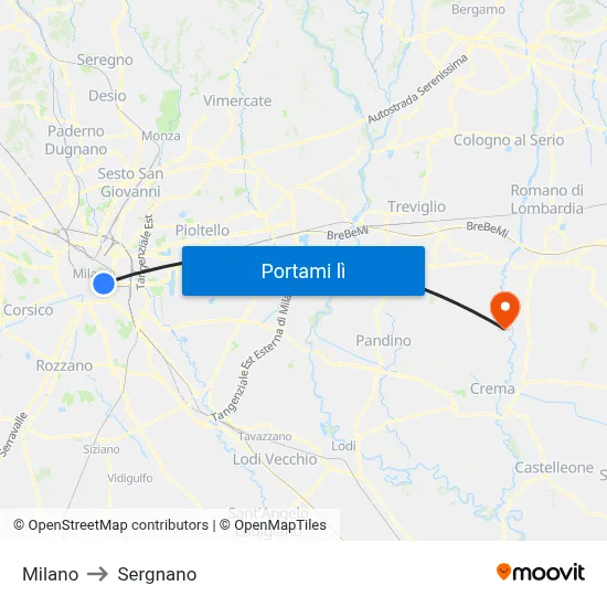 Milano to Sergnano map