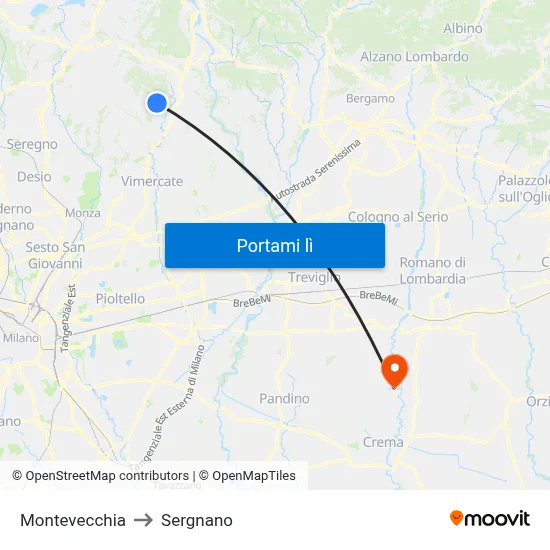 Montevecchia to Sergnano map