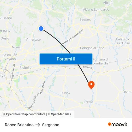 Ronco Briantino to Sergnano map