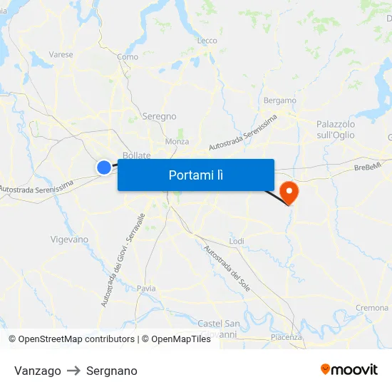 Vanzago to Sergnano map