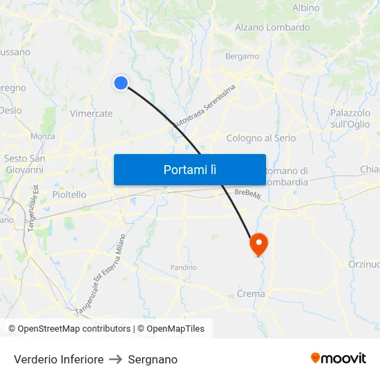 Verderio Inferiore to Sergnano map