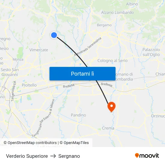 Verderio Superiore to Sergnano map