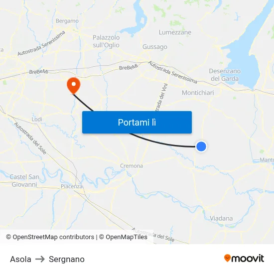 Asola to Sergnano map