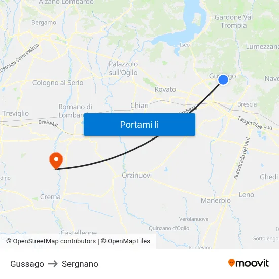 Gussago to Sergnano map