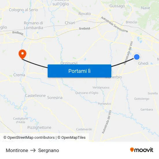 Montirone to Sergnano map