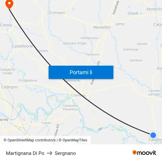 Martignana Di Po to Sergnano map