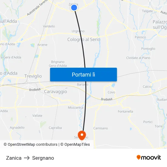 Zanica to Sergnano map