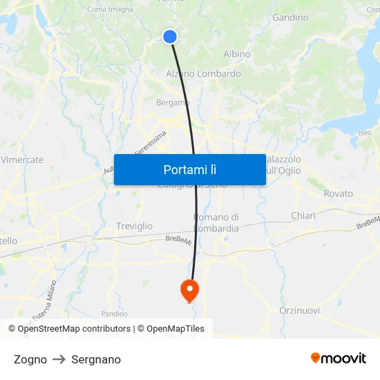 Zogno to Sergnano map