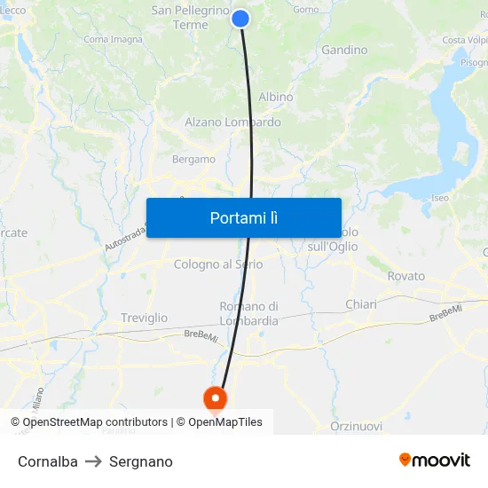 Cornalba to Sergnano map