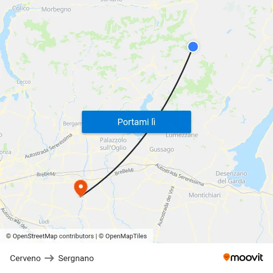 Cerveno to Sergnano map