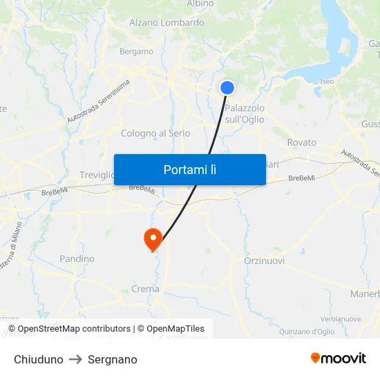 Chiuduno to Sergnano map