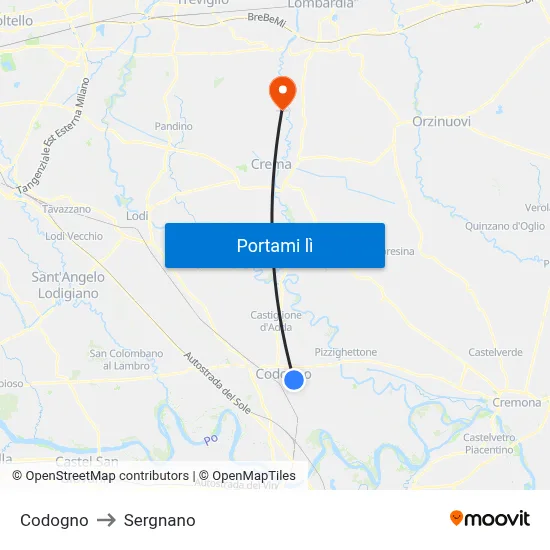 Codogno to Sergnano map
