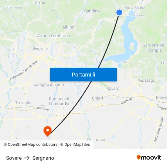 Sovere to Sergnano map