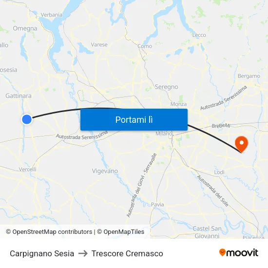Carpignano Sesia to Trescore Cremasco map