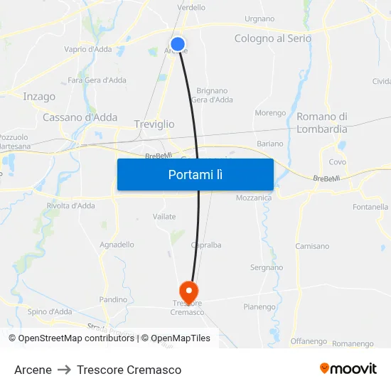 Arcene to Trescore Cremasco map