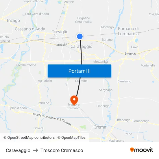 Caravaggio to Trescore Cremasco map