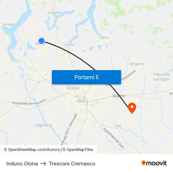 Induno Olona to Trescore Cremasco map