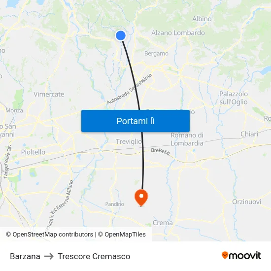 Barzana to Trescore Cremasco map