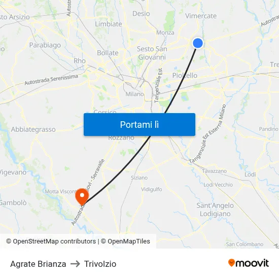 Agrate Brianza to Trivolzio map