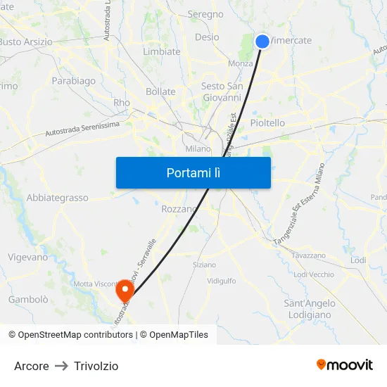 Arcore to Trivolzio map