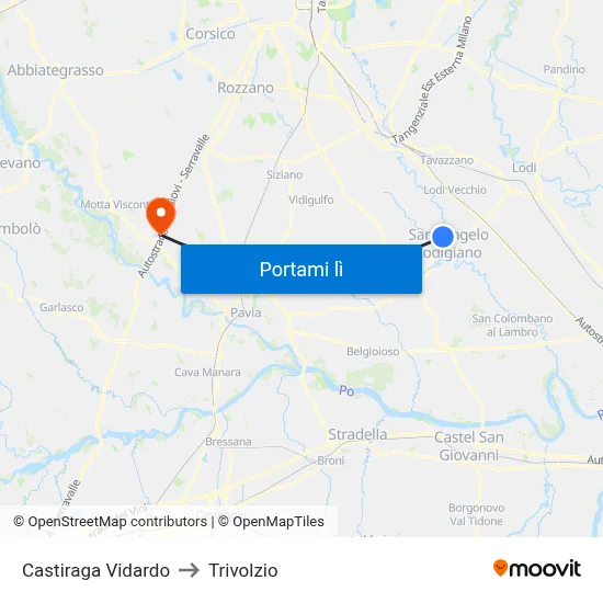 Castiraga Vidardo to Trivolzio map