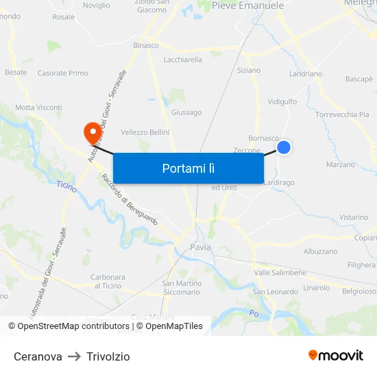 Ceranova to Trivolzio map