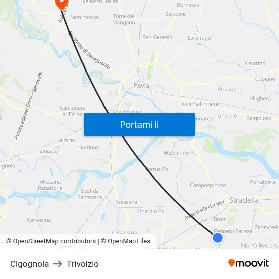 Cigognola to Trivolzio map