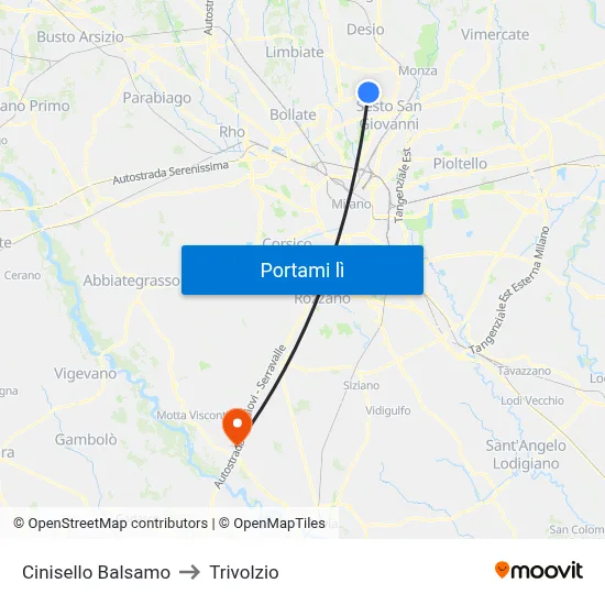 Cinisello Balsamo to Trivolzio map