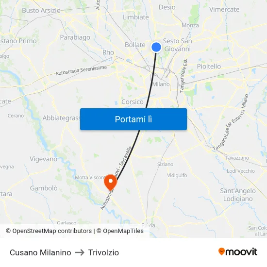 Cusano Milanino to Trivolzio map