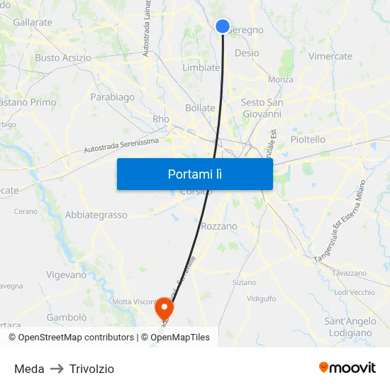 Meda to Trivolzio map