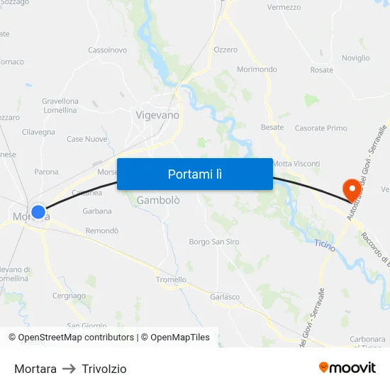 Mortara to Trivolzio map