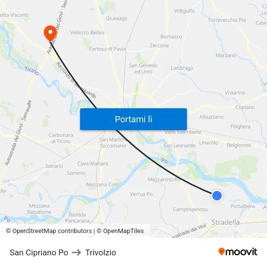 San Cipriano Po to Trivolzio map