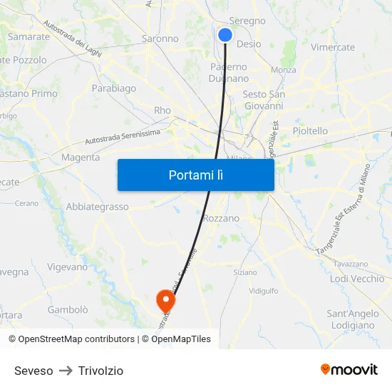 Seveso to Trivolzio map