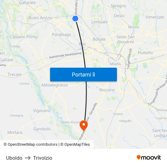 Uboldo to Trivolzio map