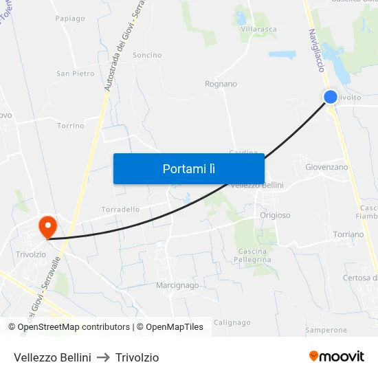 Vellezzo Bellini to Trivolzio map